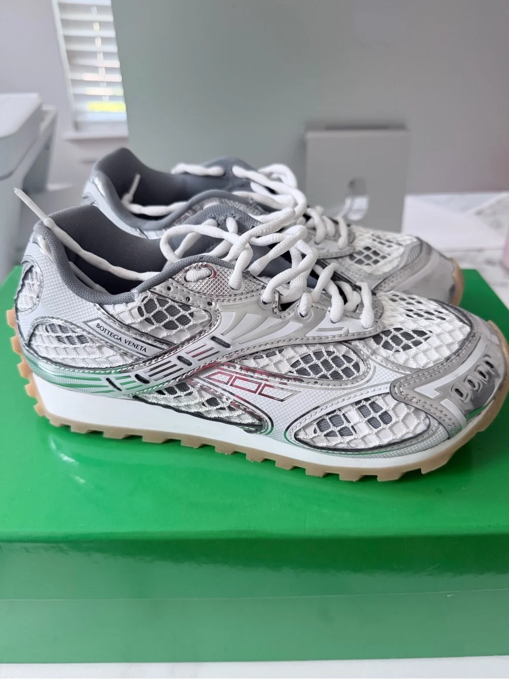 Bottega Veneta Silver, White & Green Kids Sneakers